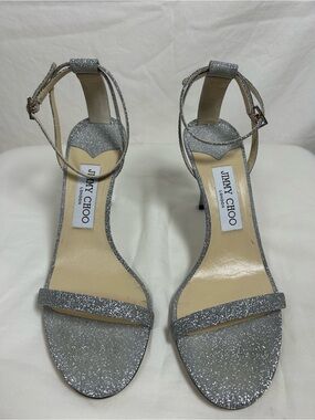 Jimmy Choo Silver Fine Glitter Minny Ankle Strap Sandal Heels